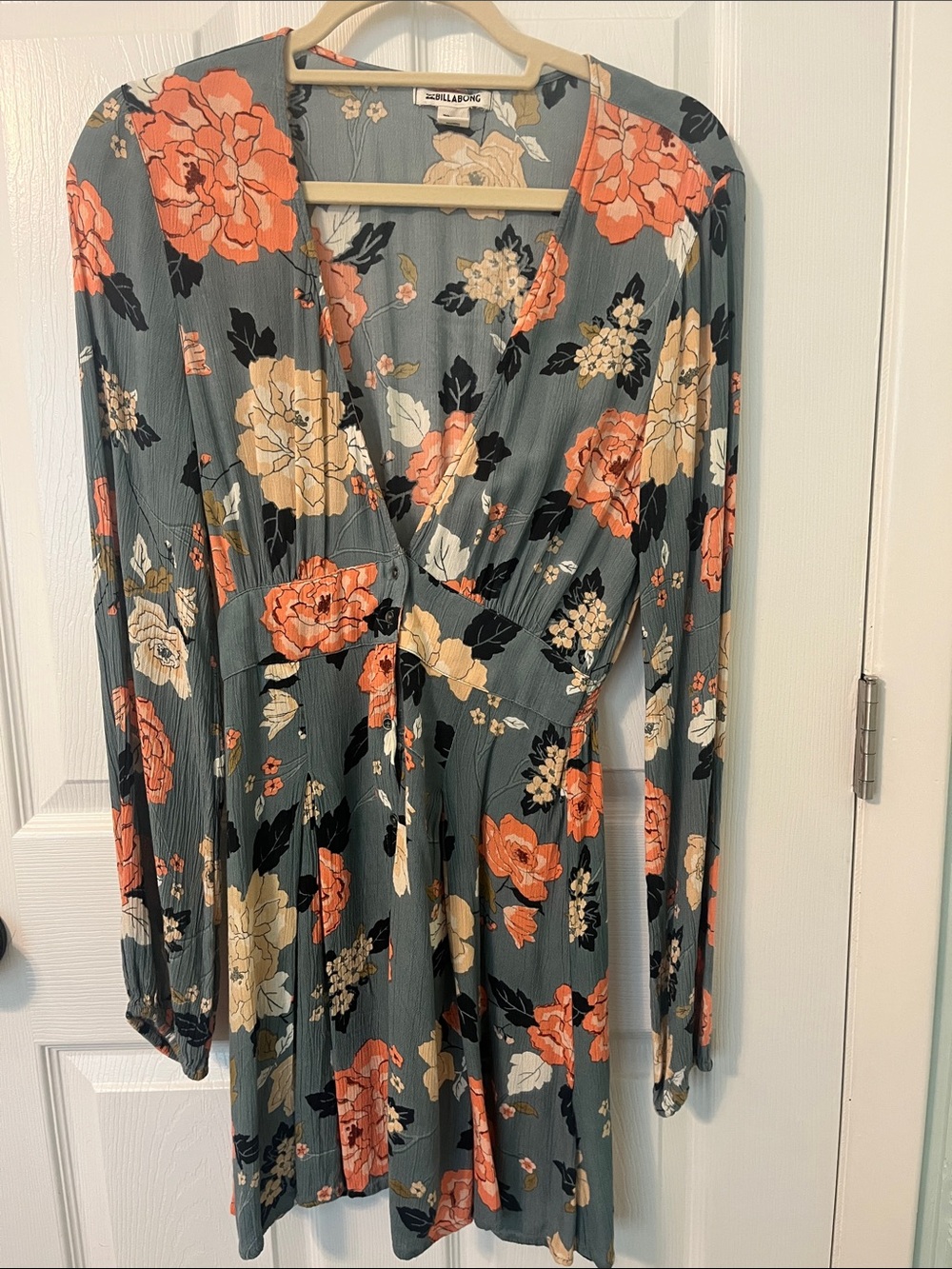 Billabong Slate Green Floral Wrap Dress with Coral & Cream Blooms